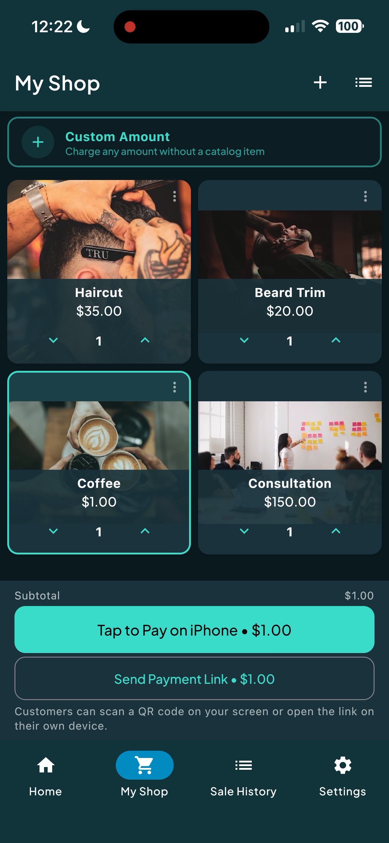 Widcy shop screen showing menu items and Tap to Pay on iPhone button