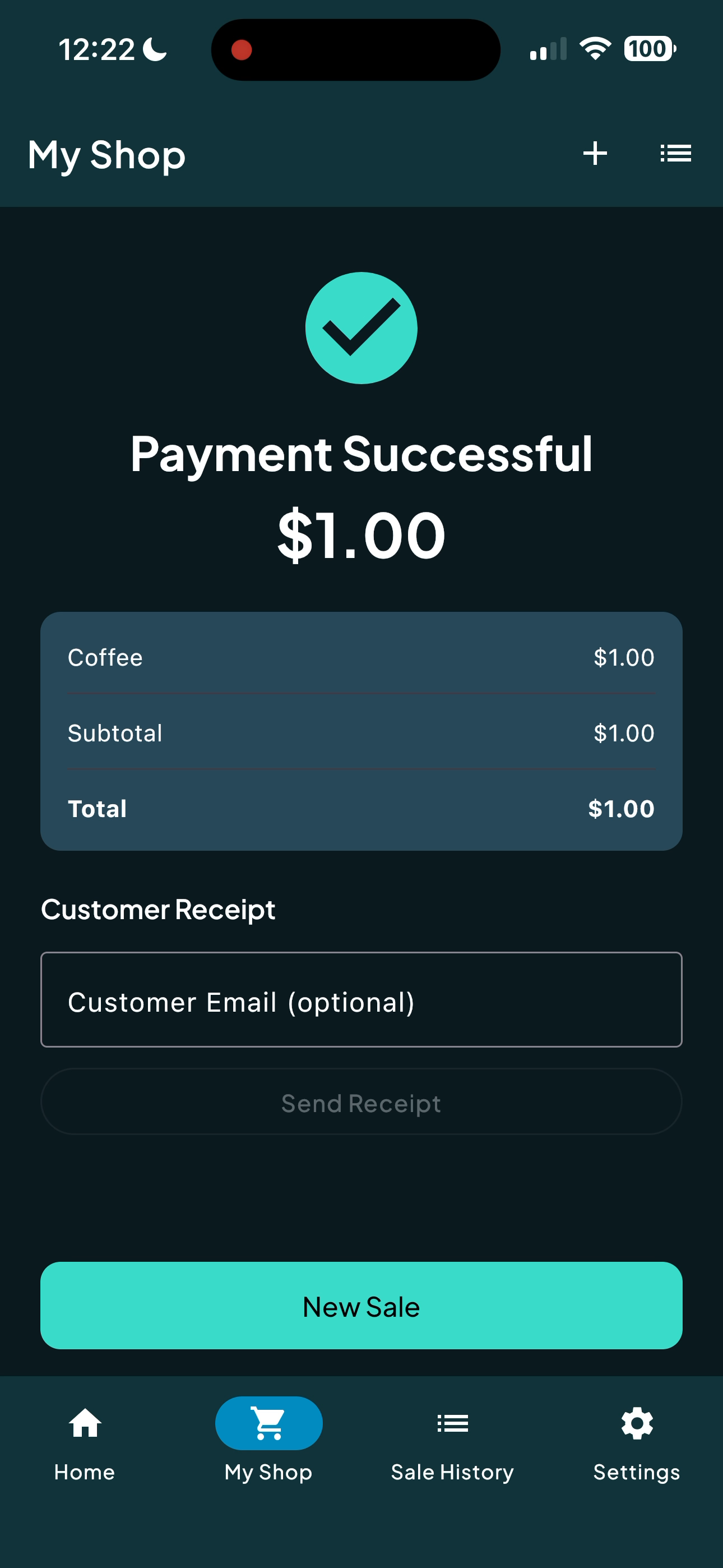Widcy payment confirmation screen showing a successful sale