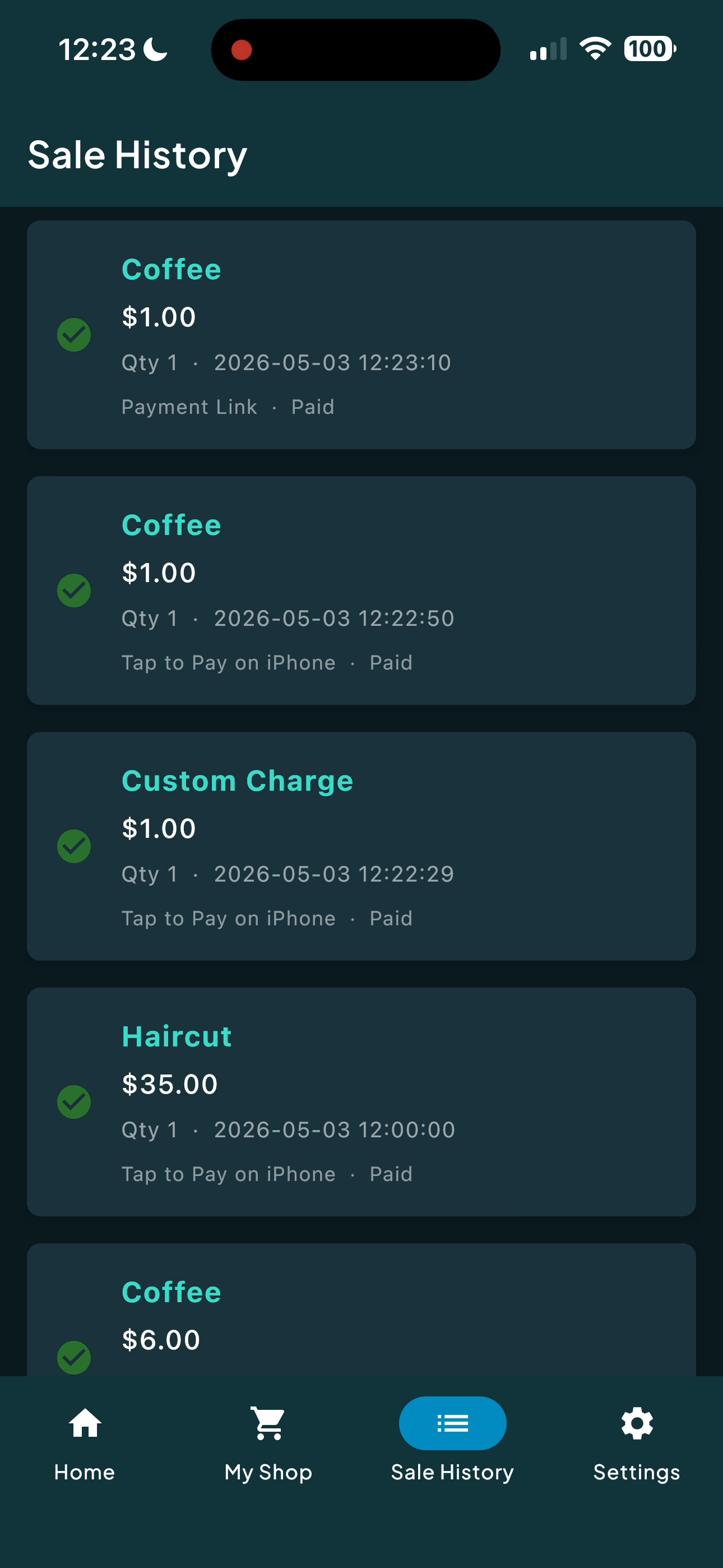 Widcy sale history screen listing recent transactions